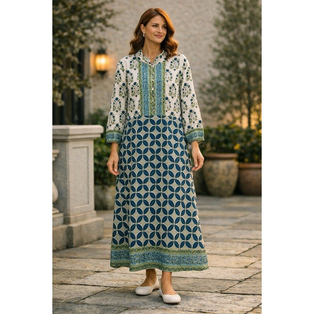 Victoria Dunn Floral Block Print Cotton Maxi Dress Cottage Boho Prairie Sz 2X